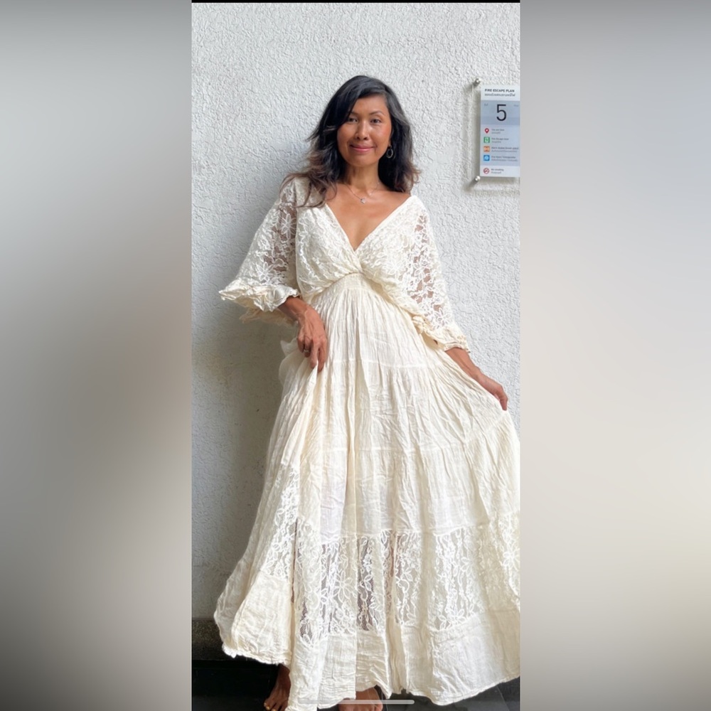 Cream colored Boho Lace Maxi dress- wedding or just fancy